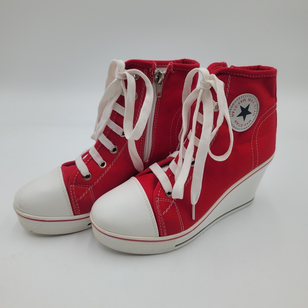 Max Star Red Canvas High Top Wedge Sneakers Side Zip Platform Shoes Women 36